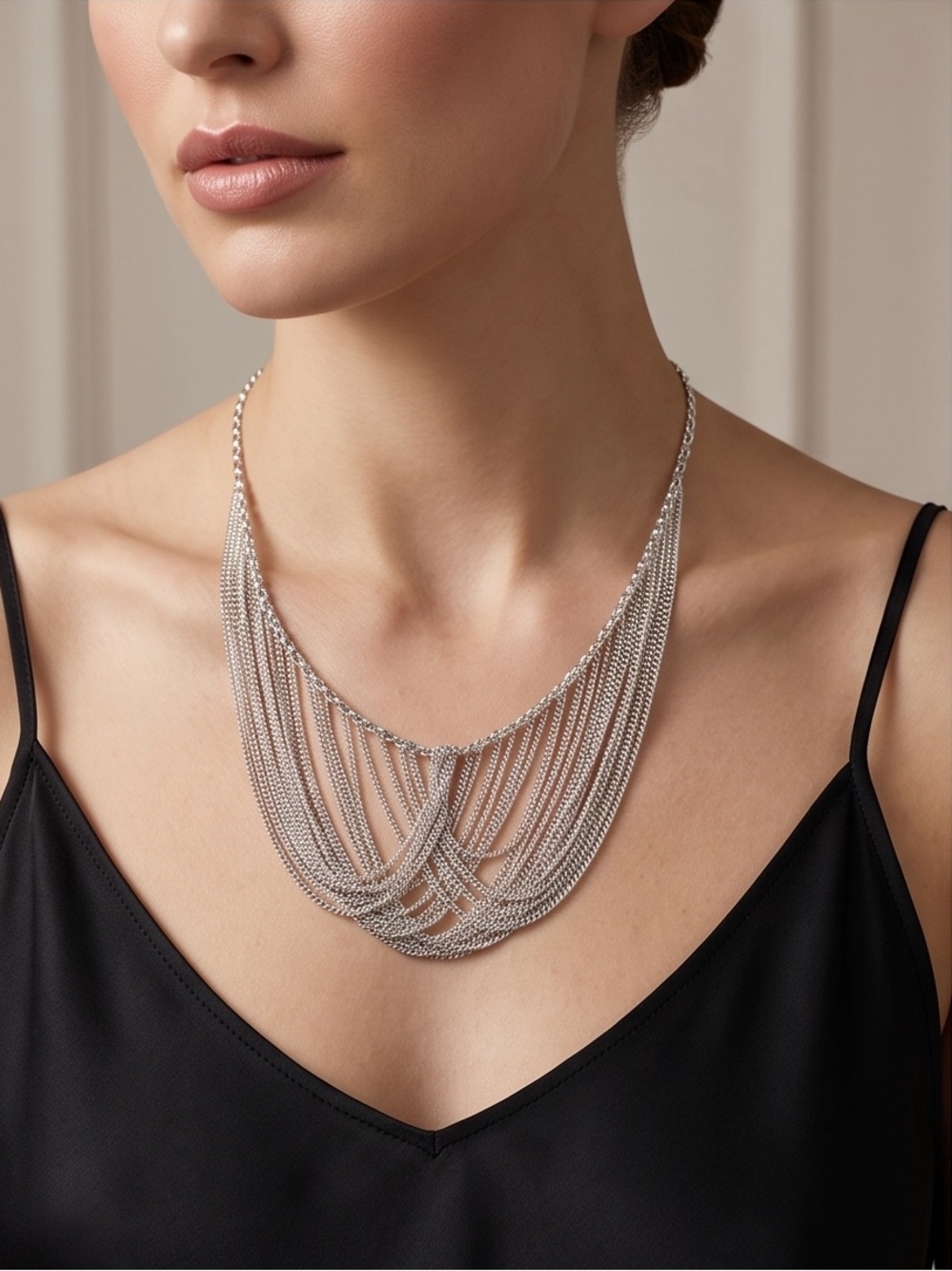 Vintage .925 Sterling Silver Drape Bib Style Elegant Multi Strand Necklace
